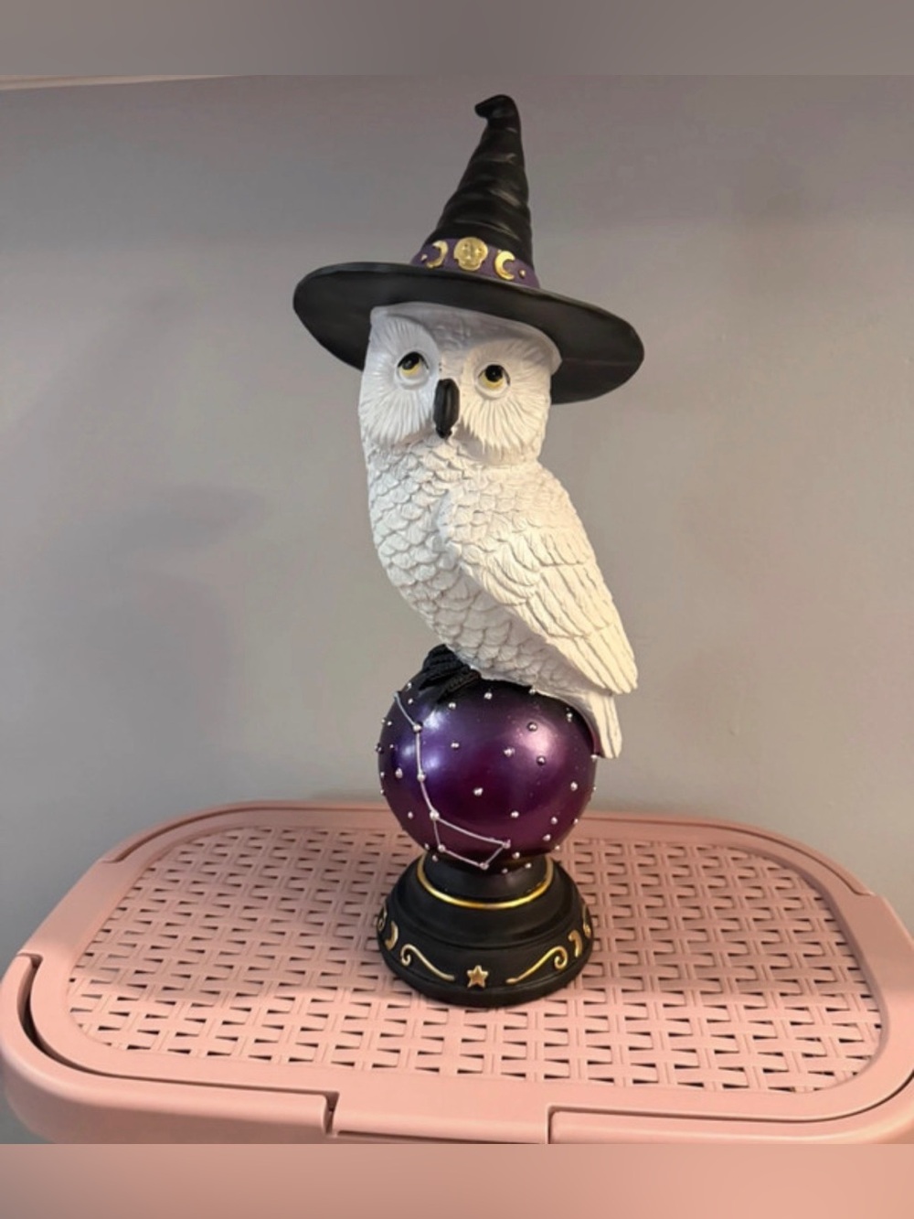 Decorative White Owl Figurine with Witch Hat and Purple Base